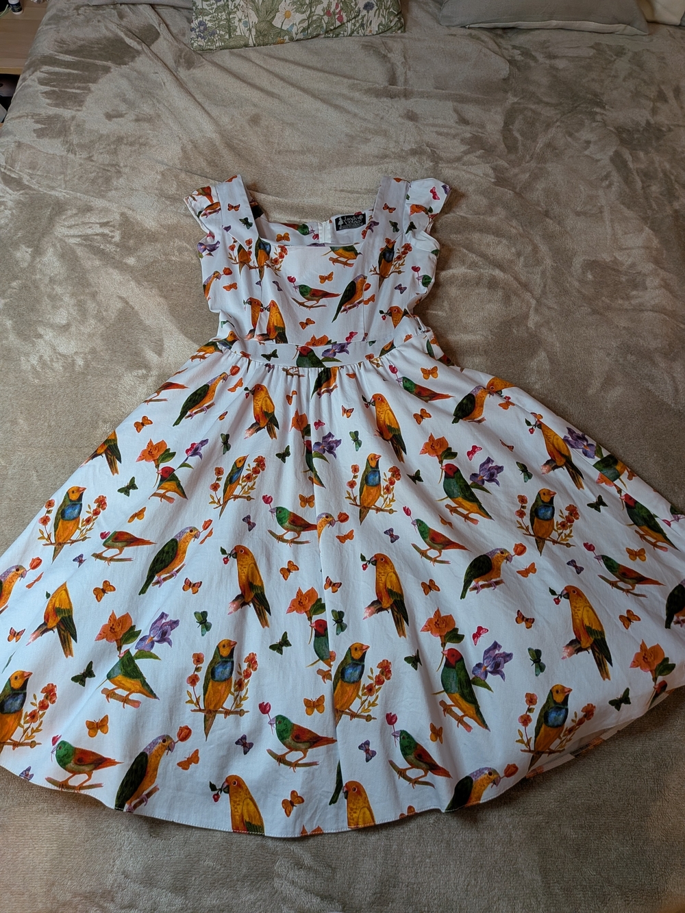 Blue Bird-Print Midi Dress - Classic Square Neck - Picture 8 of 14